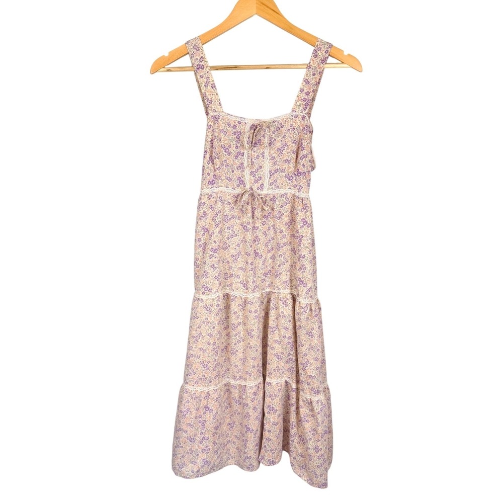 Vintage Handmade Floral Midi Dress Small Lace Trim Tiered Milkmaid Prairie Folk